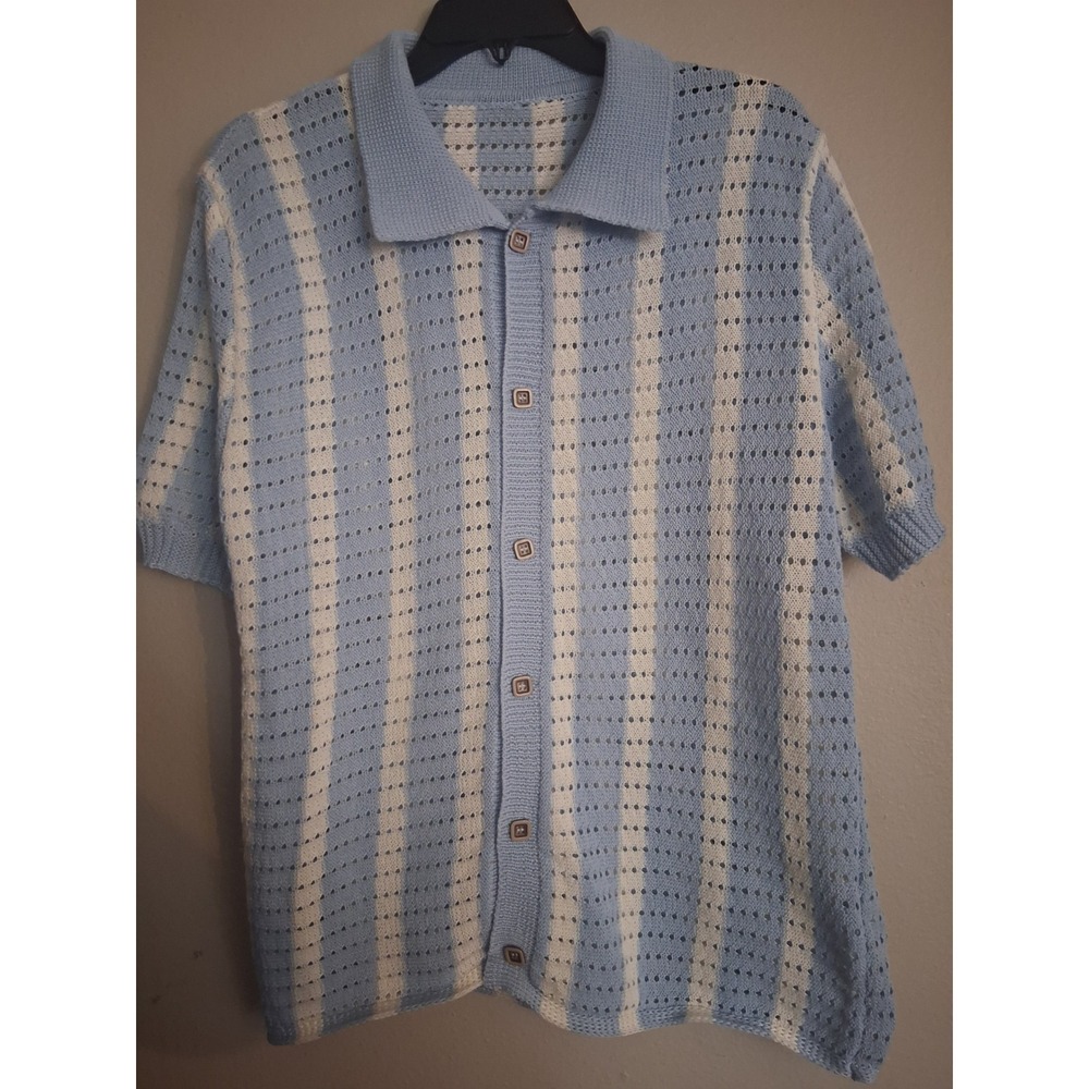 Manfinity Mens Blue White Striped Crochet Knit Button Down Shirt Medium